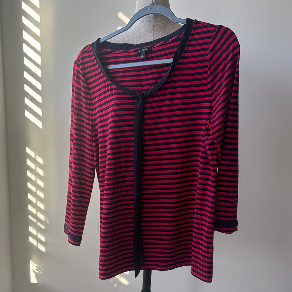 Talbots Top Womens Medium Red Black Striped Nautical French Casual Elevated